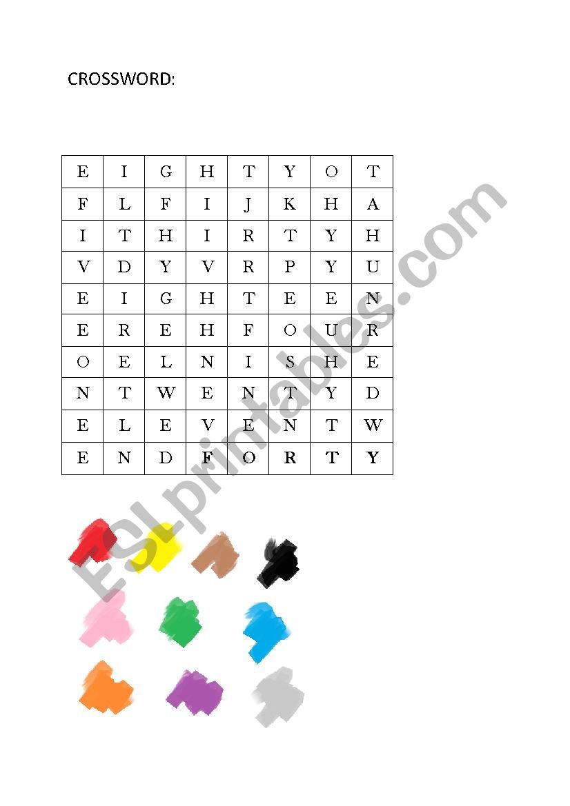 Crossword numbers and colors worksheet