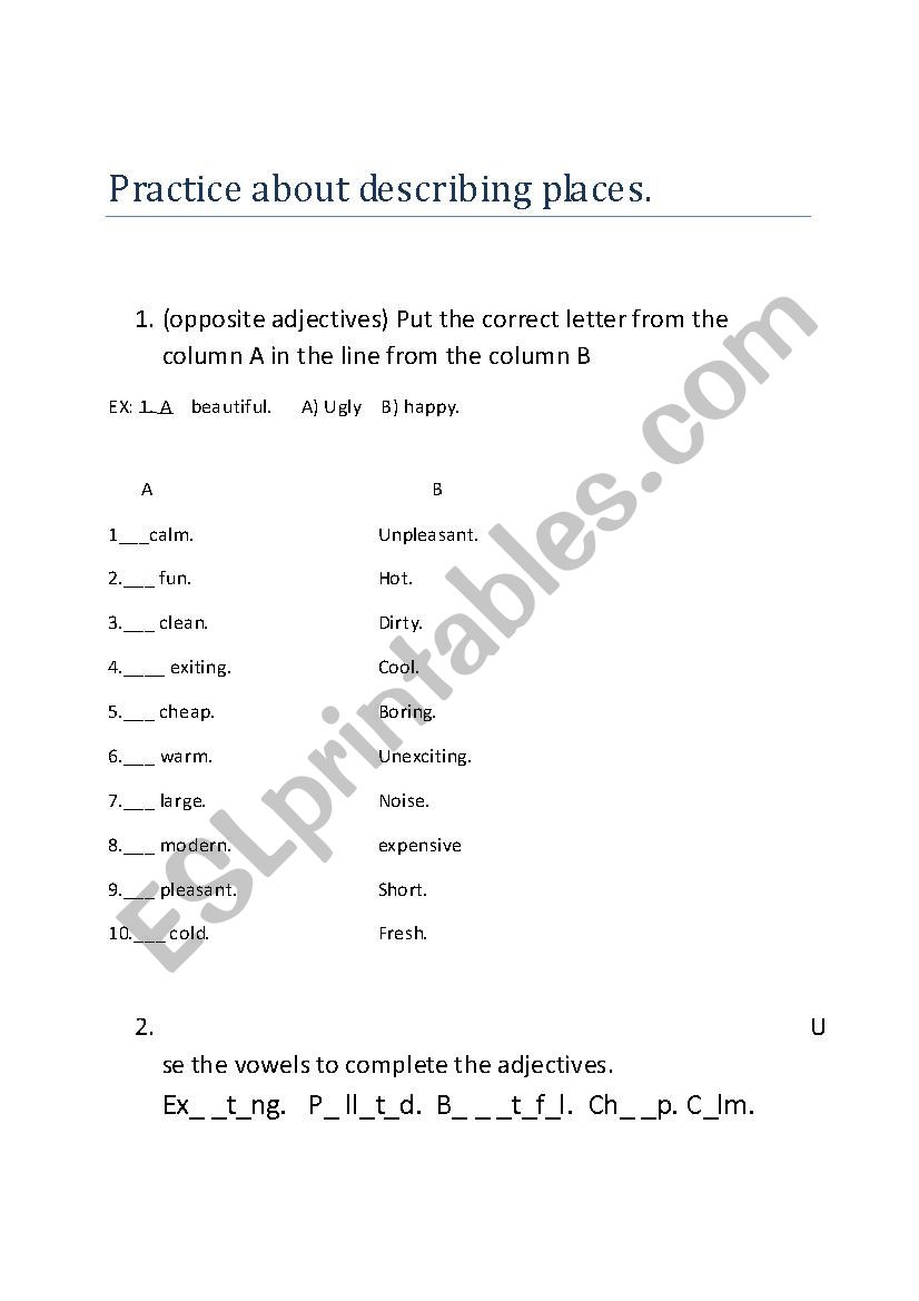 The description of places. giving directions and the ajectives