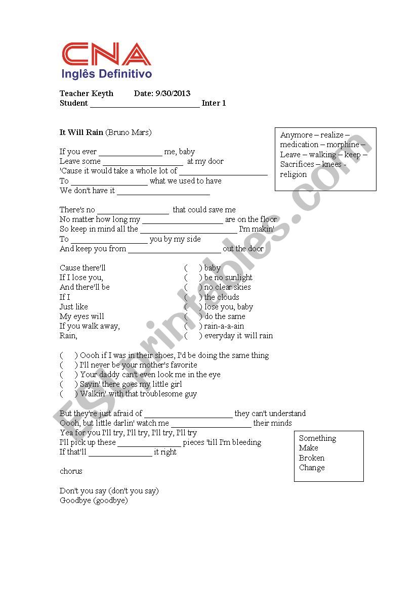 It will be rain worksheet