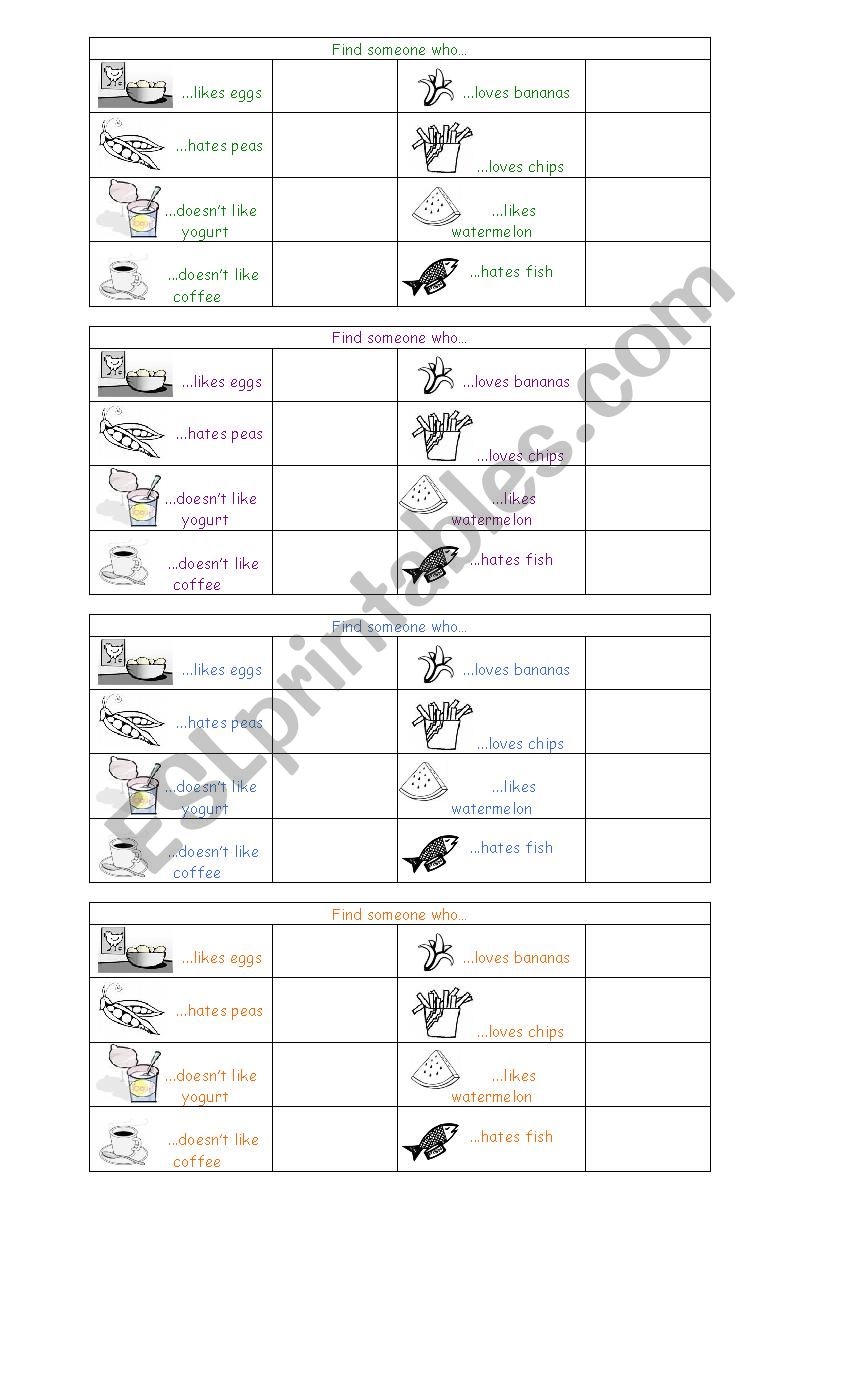 Find someone who... (likes & dislikes: food)