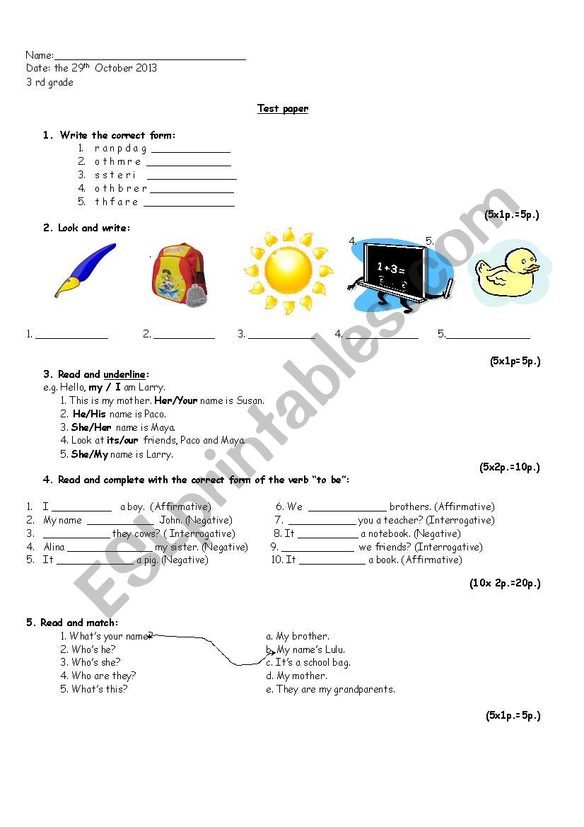 test paper for the 3rd graders