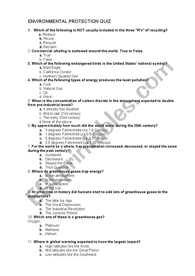 environment protection quiz worksheet