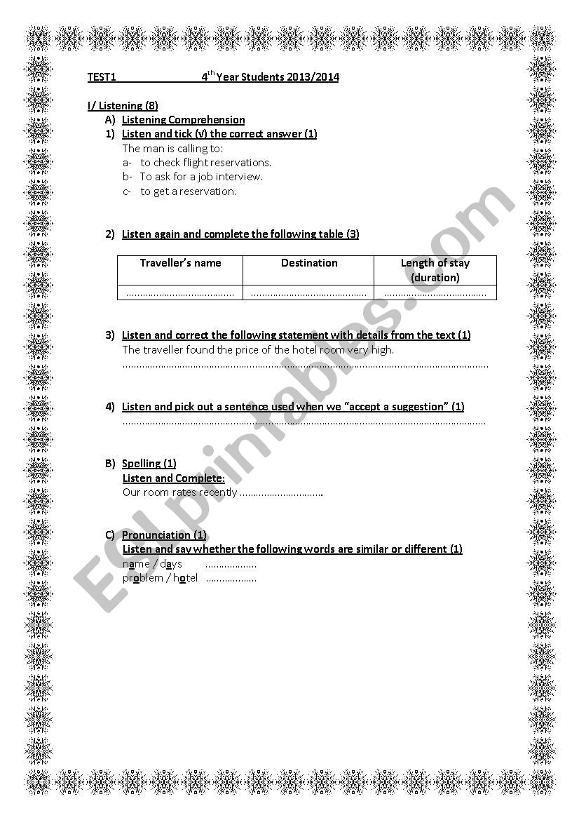 Mid-Term 1 Test worksheet