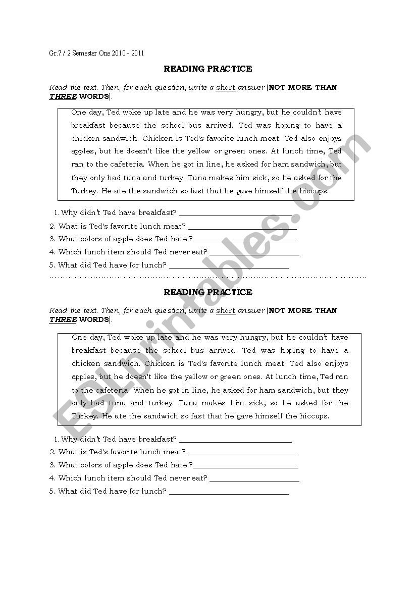 reading practice  worksheet