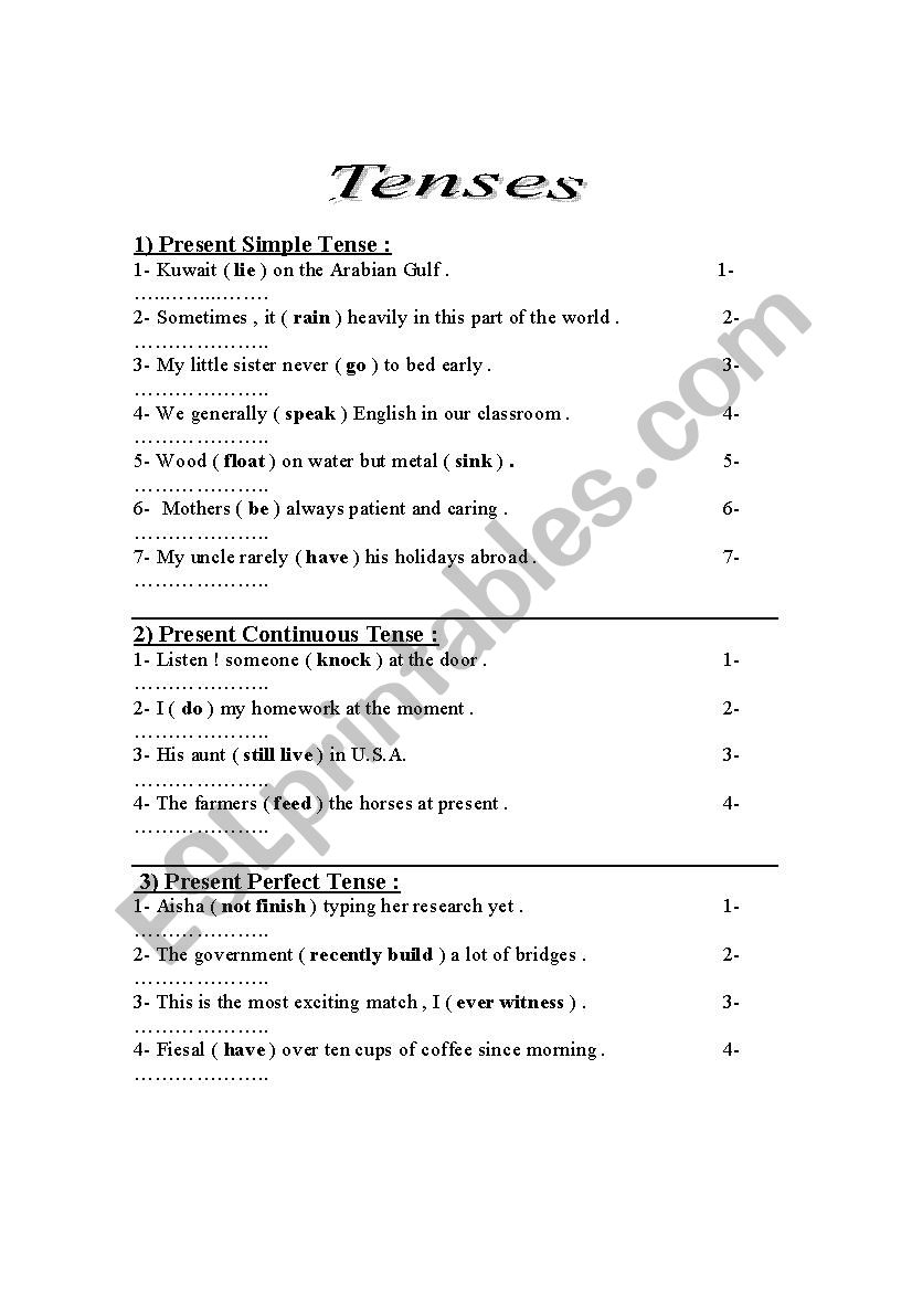 tenses - ESL worksheet by lubnaeid