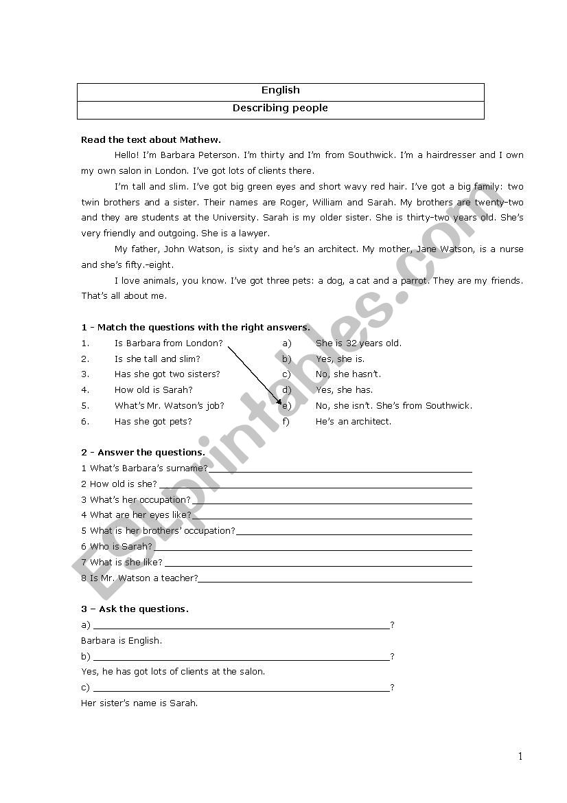 Describing people worksheet