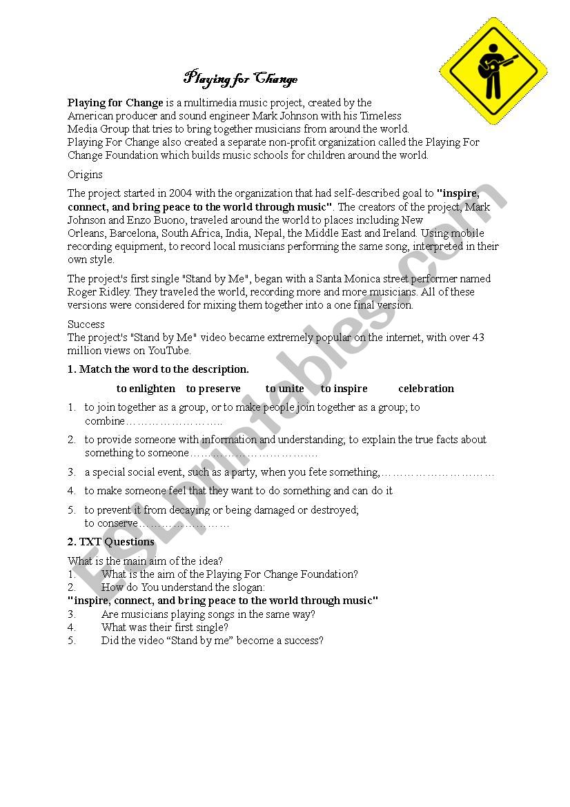 Playing for change worksheet