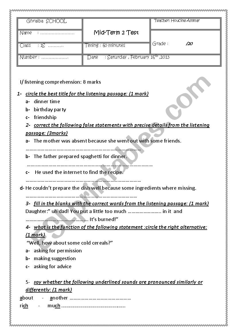 first year test  worksheet