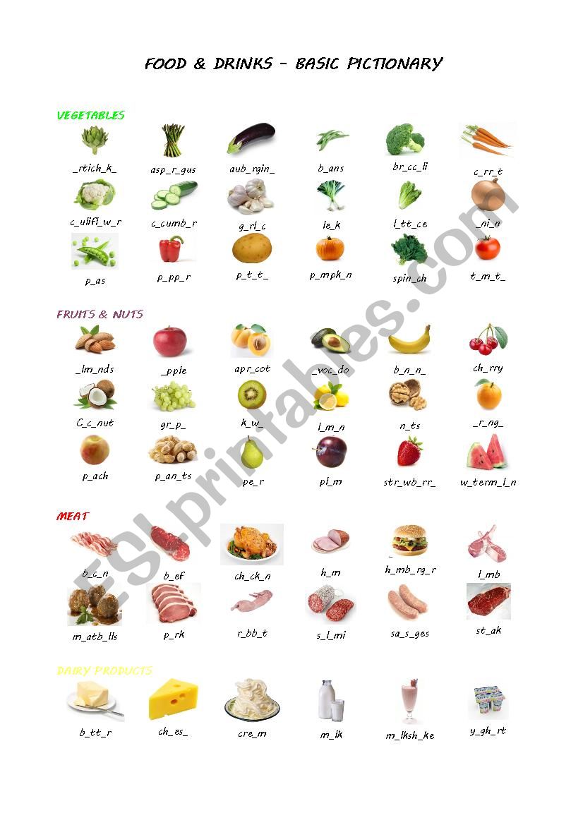 Food and drink fill-in-the-gaps pictionary (part 1)