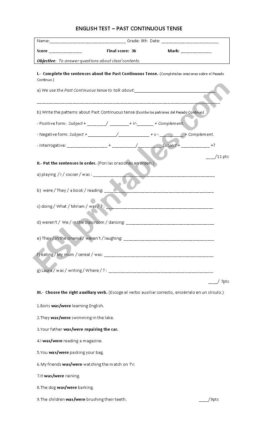 Past continuous test worksheet