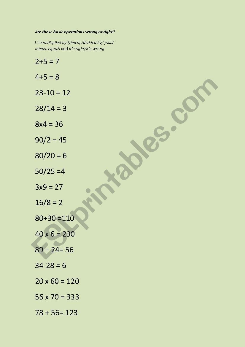 operations in English worksheet