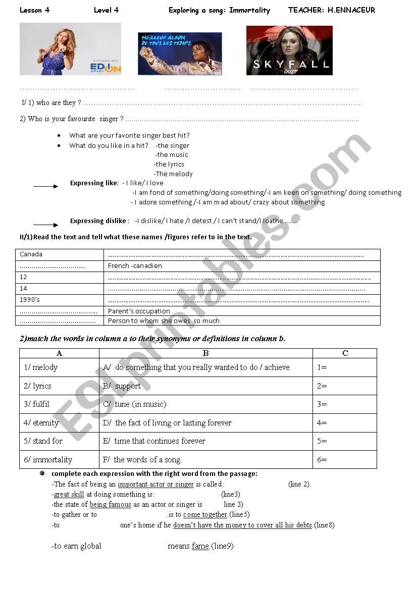 exploring a song worksheet