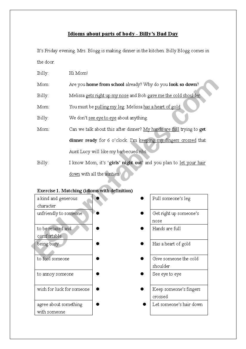 Idioms- parts of body worksheet