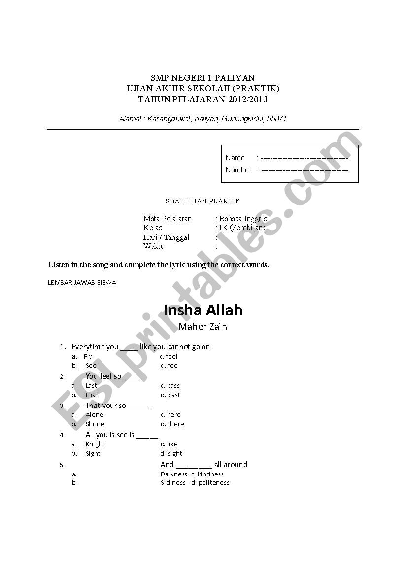 MISSING LYRIC worksheet
