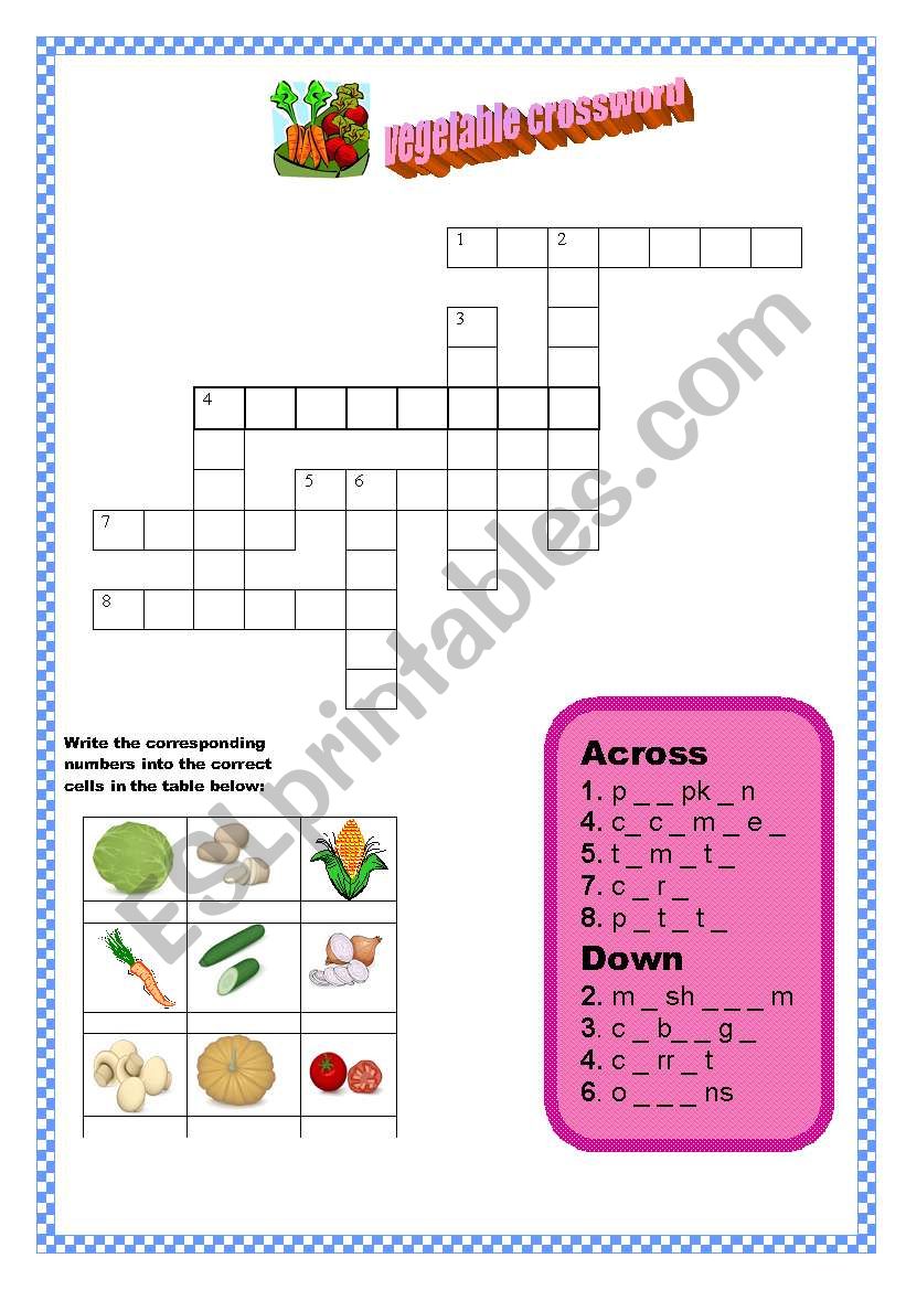 Vegetable crossword worksheet