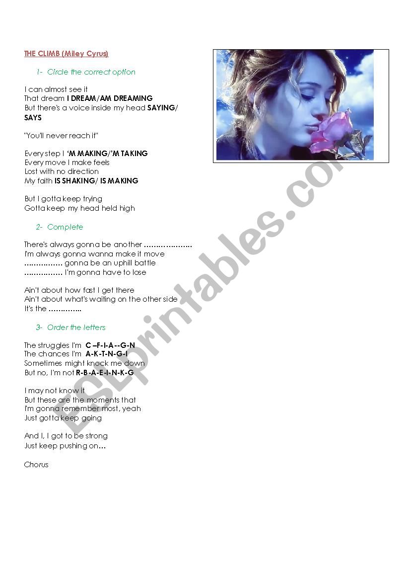 The Climb (Miley Cyrus worksheet