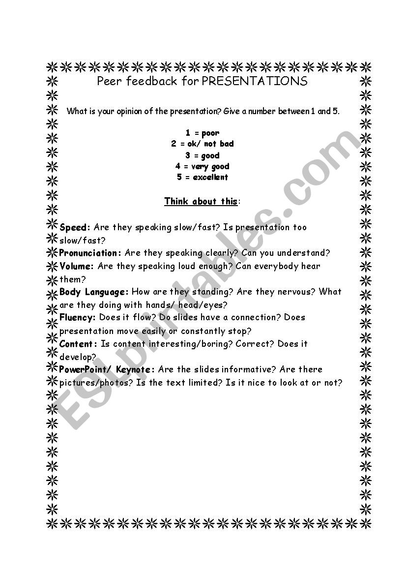 Peer student feedback sheet worksheet