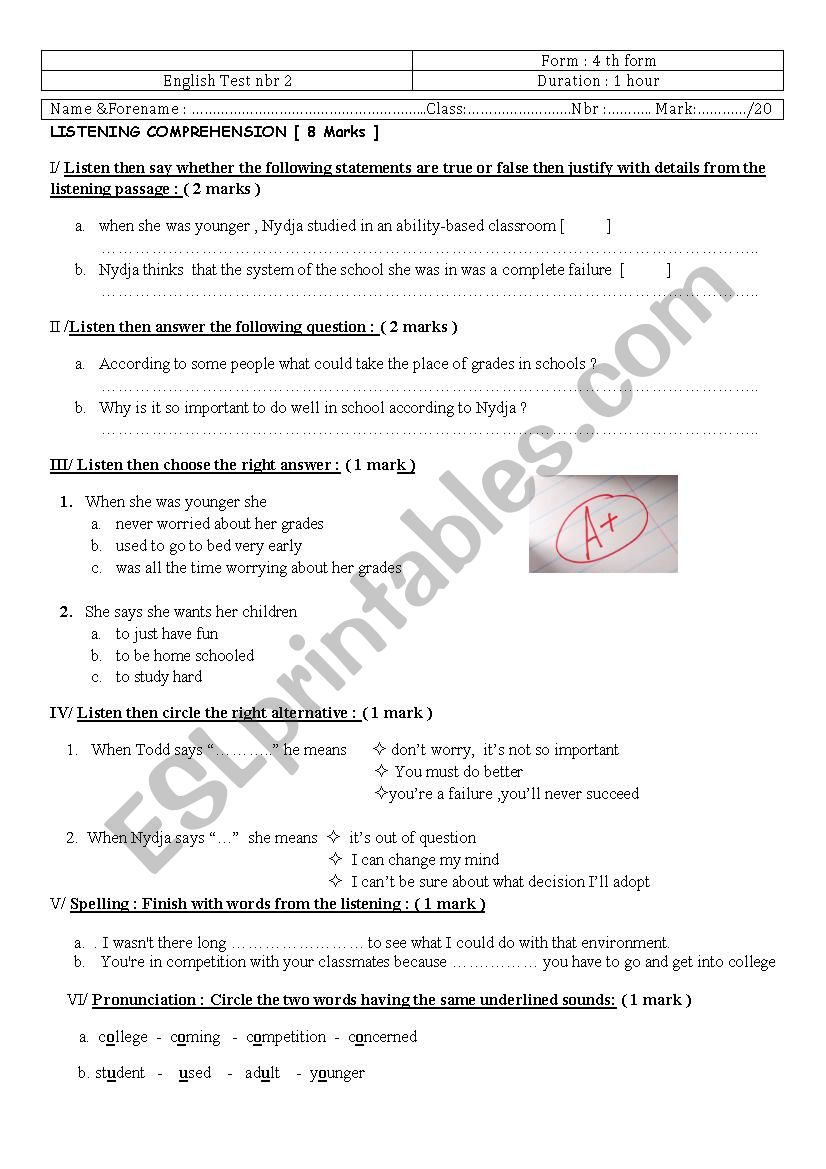 Listening comprehension test  worksheet