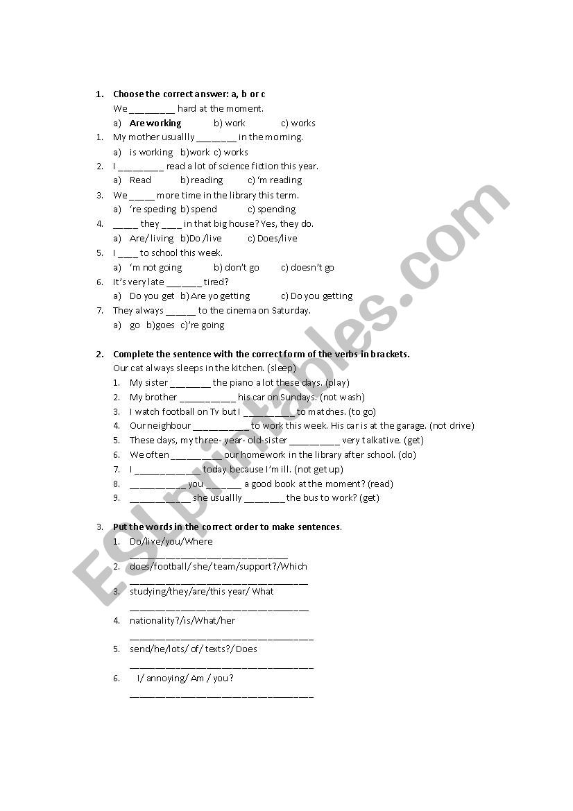 Exercises on the Simple Present and the Present Continuous tense