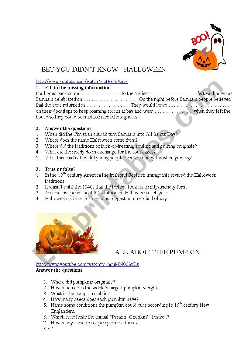 Halloween History and Pumpkin Trivia - ESL worksheet by svetlana_antonova