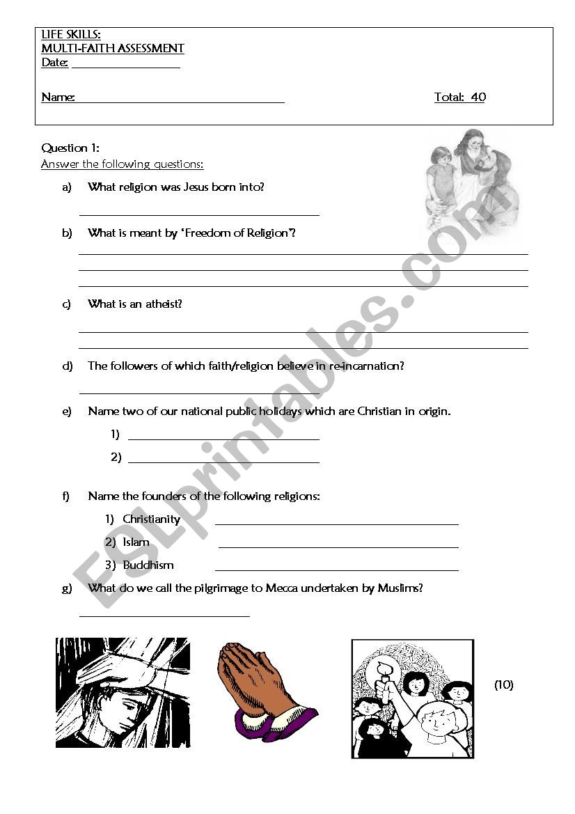 Multi-Faith Assessment worksheet