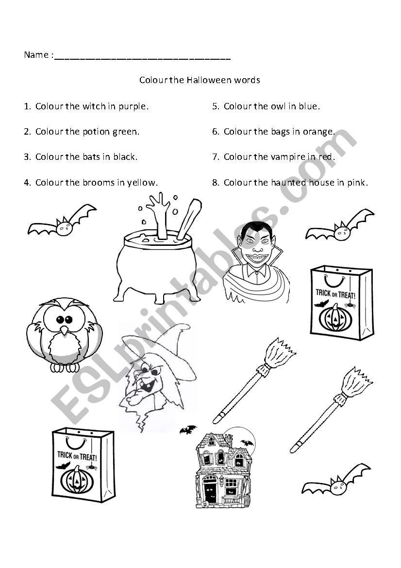 Colour the Halloween words worksheet