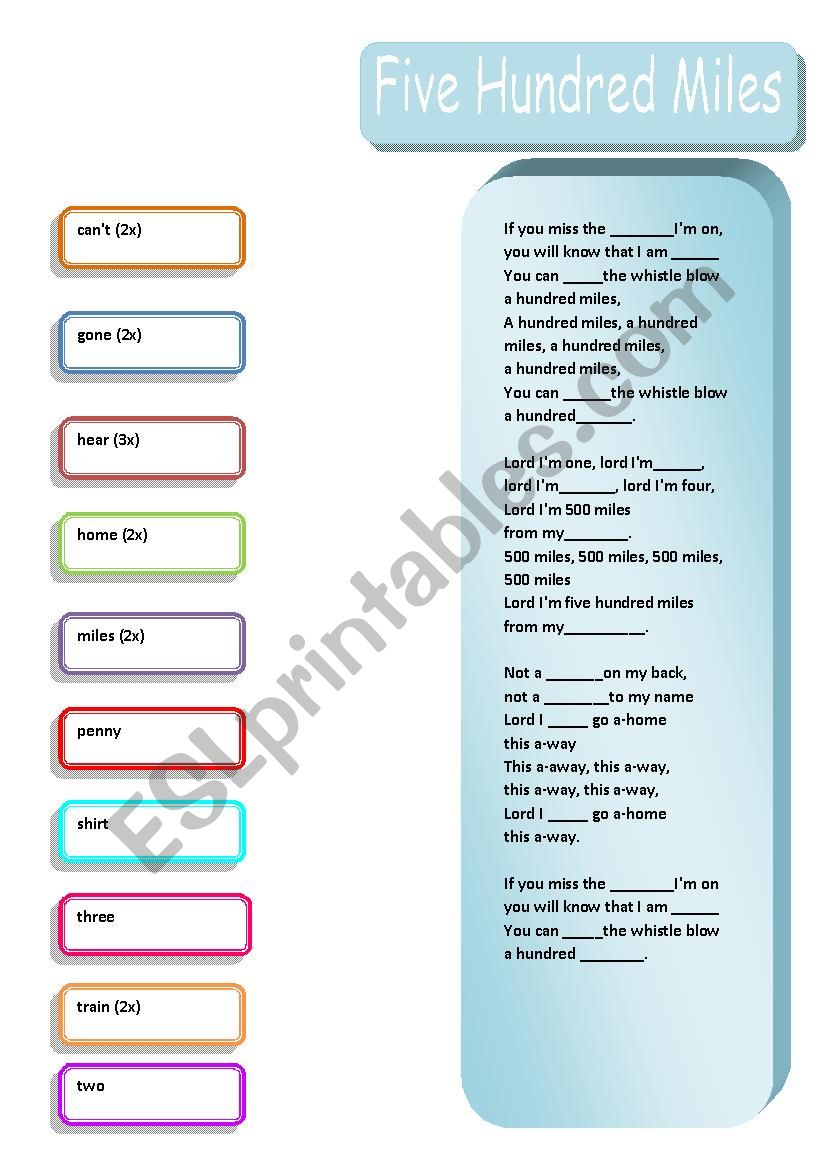 Song Five Hundred Miles worksheet