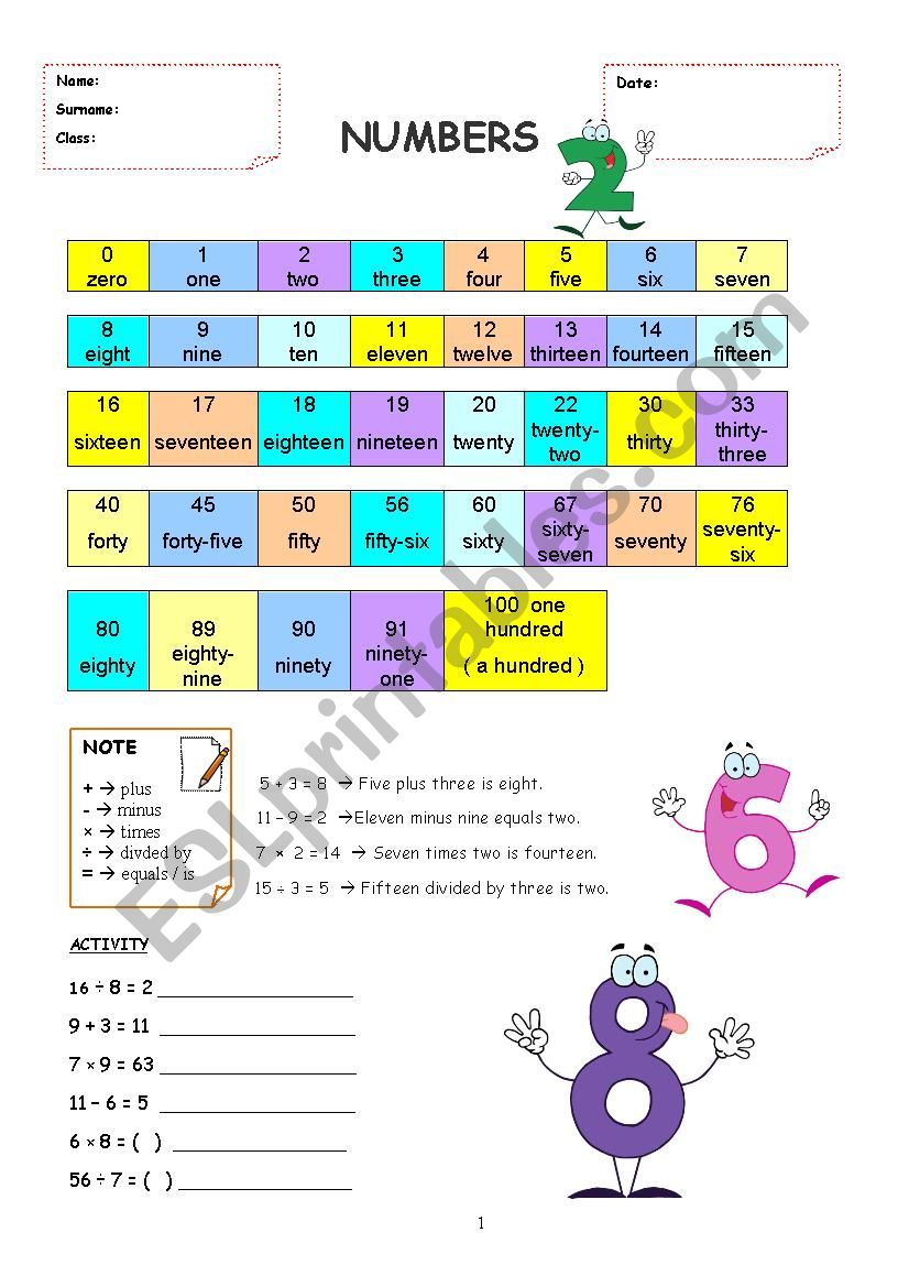 Numbers worksheet