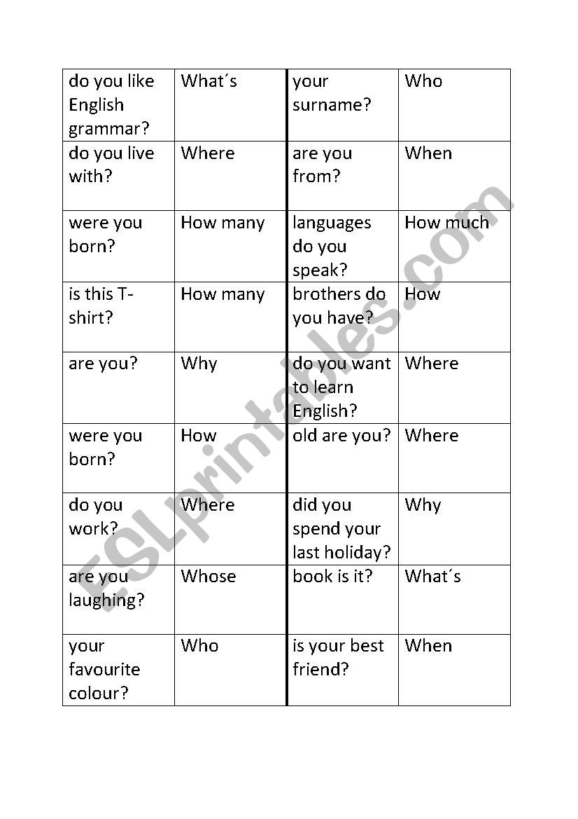 Wh- questions dominoes worksheet