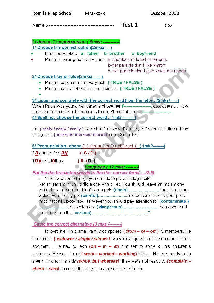 9th form test 1 worksheet