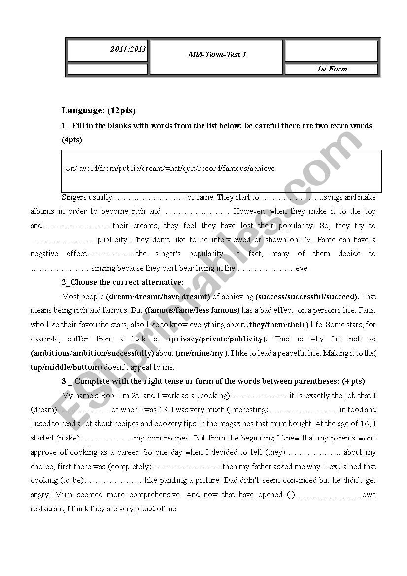 Mid-Rerm-Test 1 first form worksheet