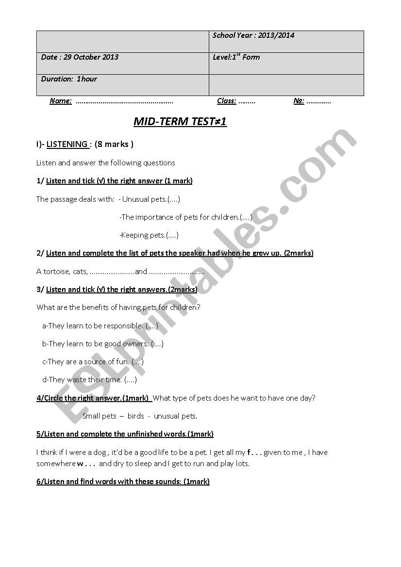 listening test for 1st formers