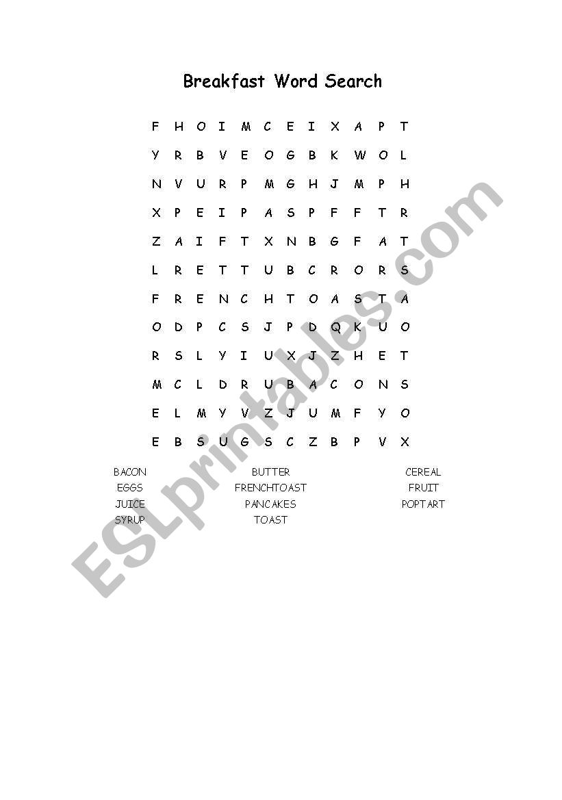 Breakfast Wordsearch worksheet