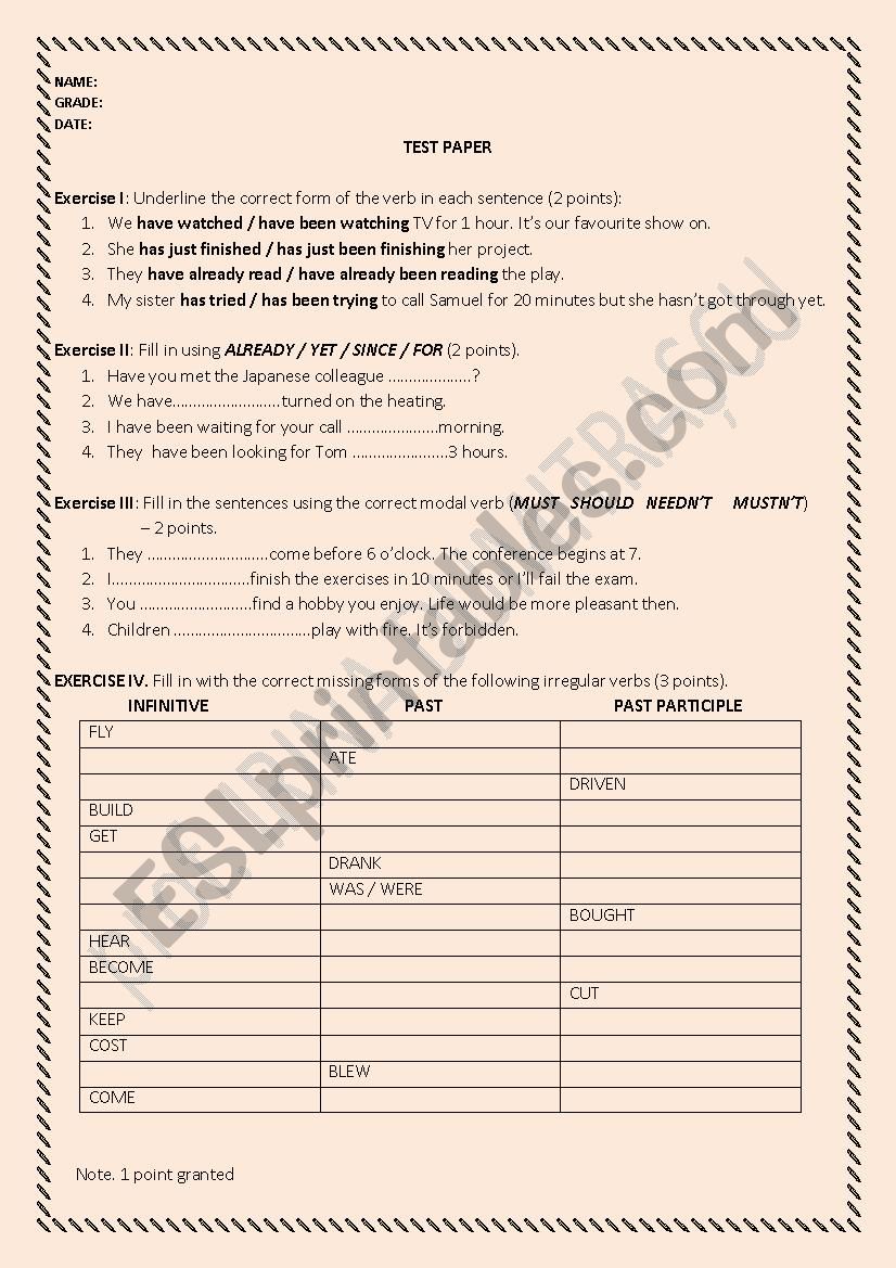 TEST PAPER worksheet