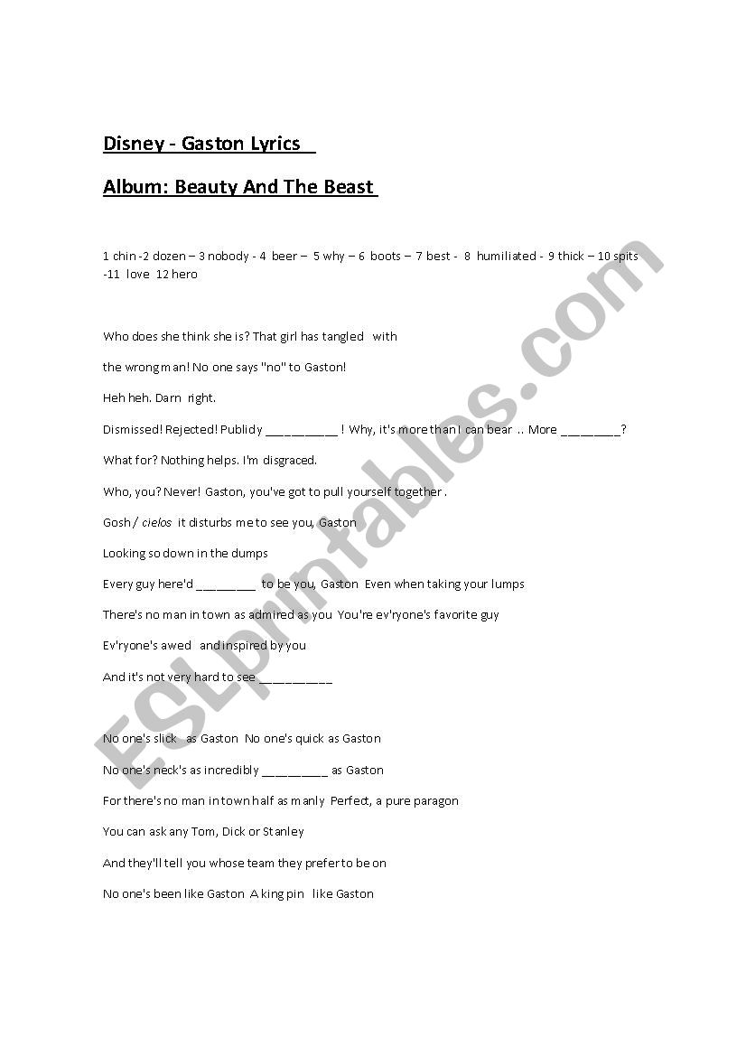 Gaston - Beauty and the beast worksheet