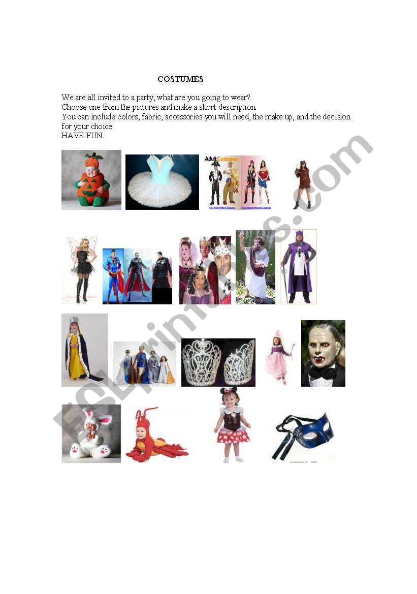 costumes worksheet