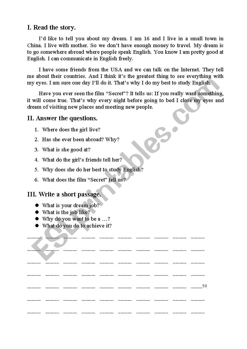 Read and write: My dream job worksheet