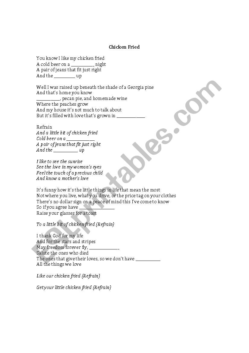 Zac Brown Band: Chicken Fried Worksheet