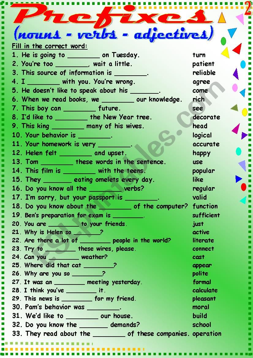 Prefixes 2 worksheet