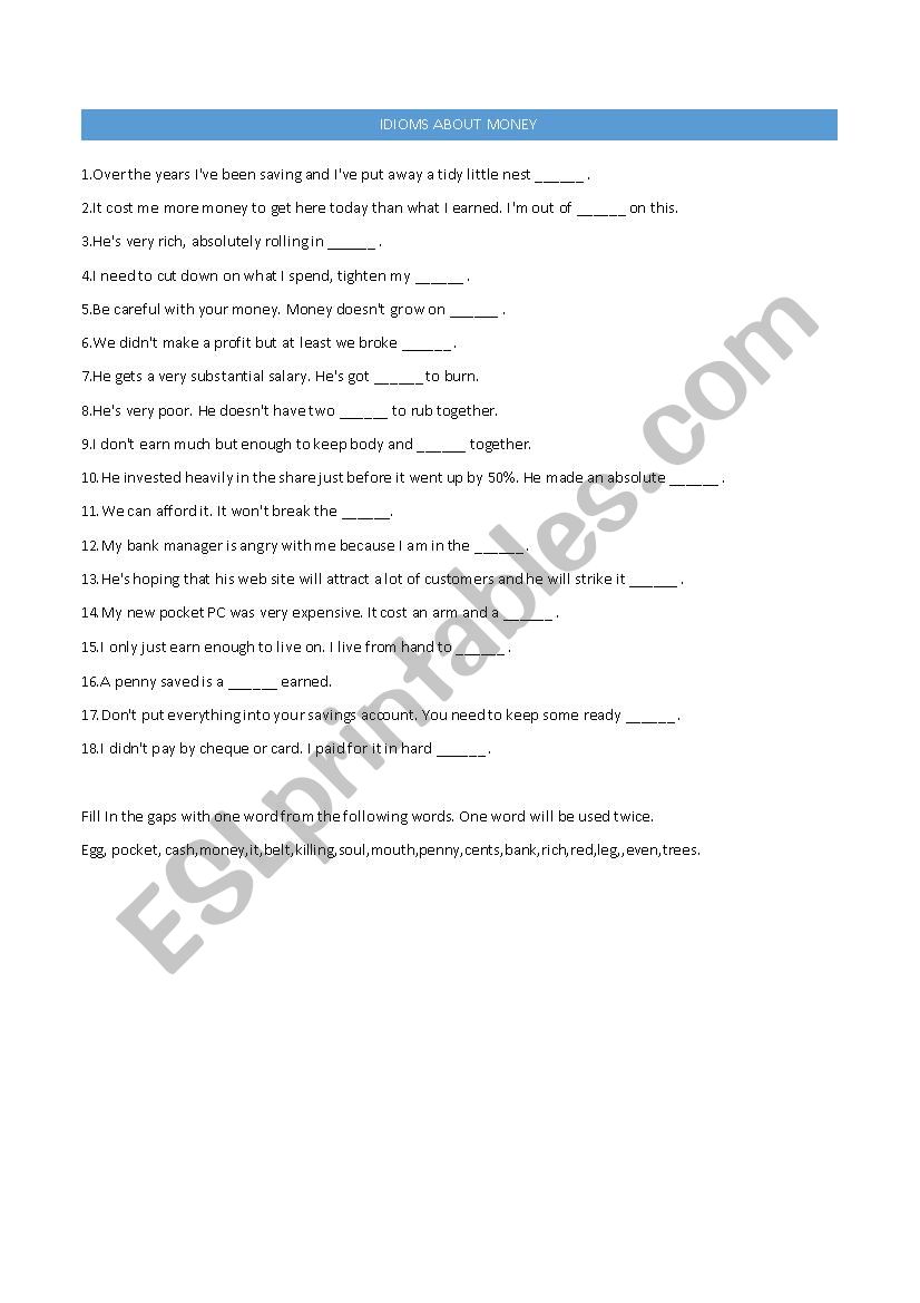 Idioms about Money worksheet