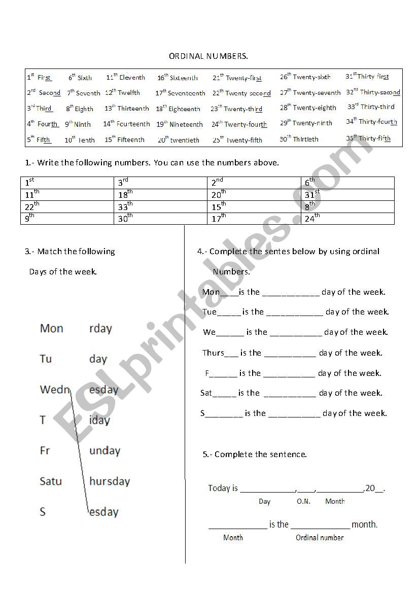 ordinal numbers worksheet