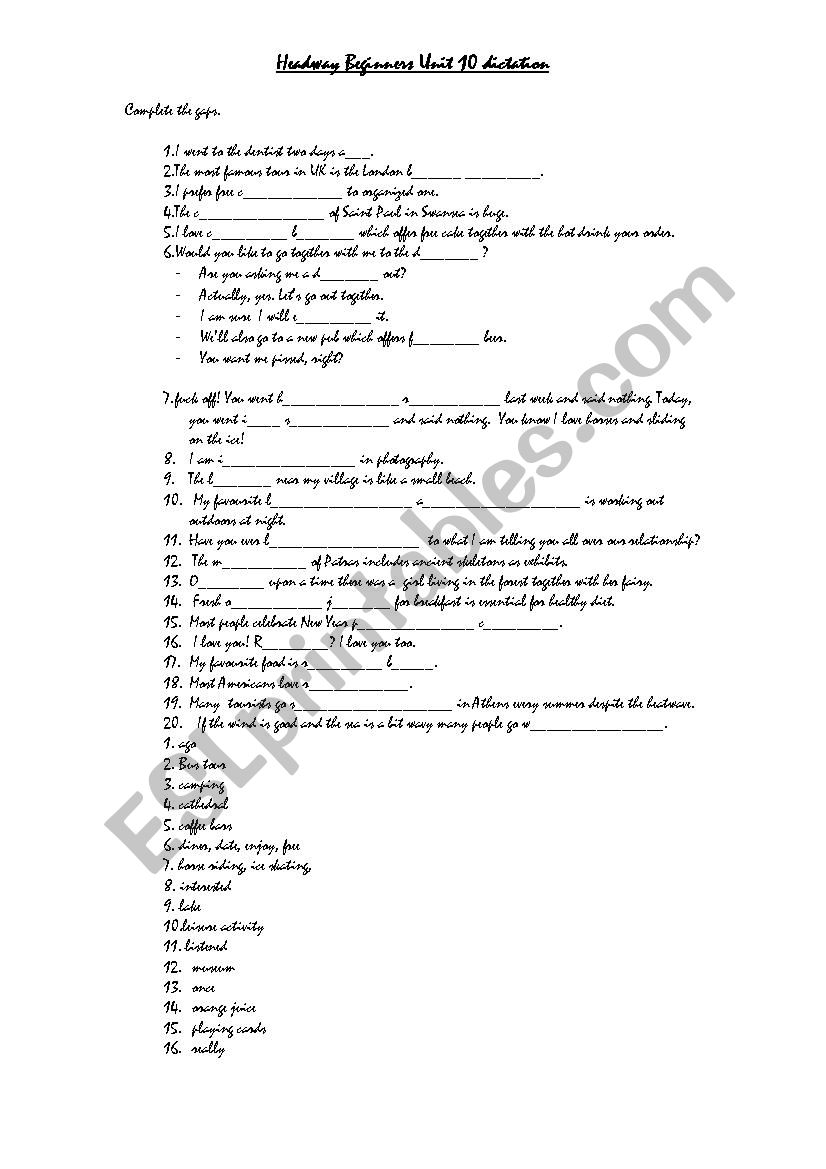 Headway Beginners Unit 10 Vocabulary Test