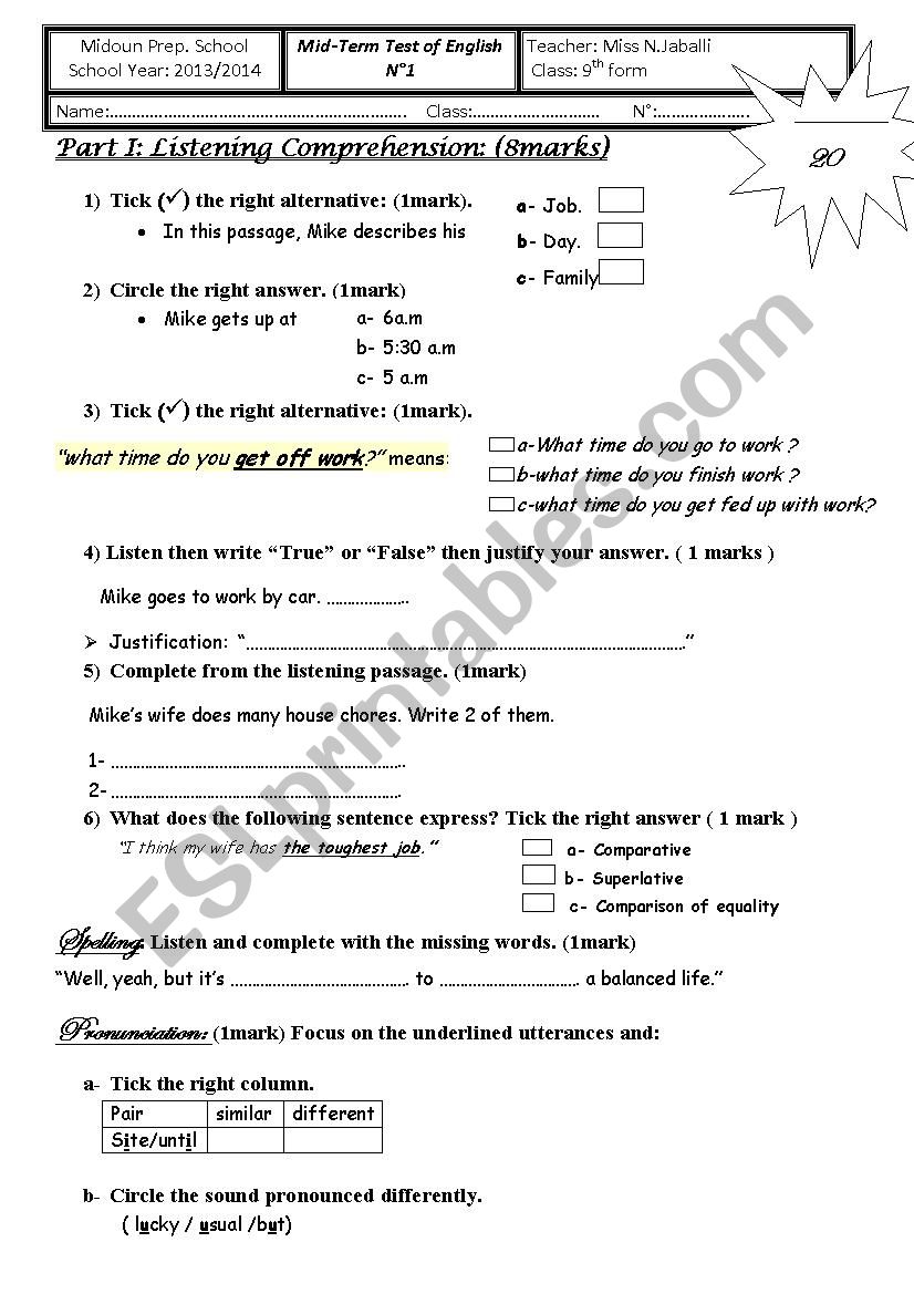 Exam worksheet