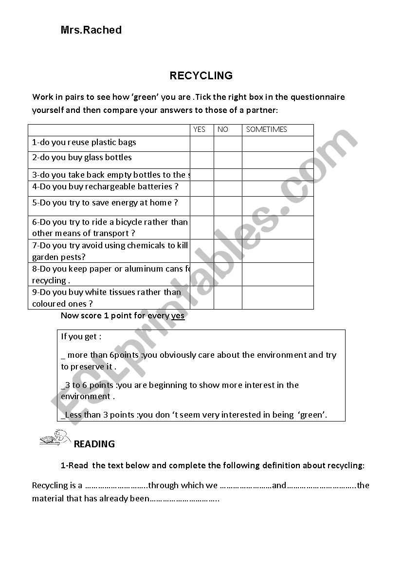 recycling worksheet