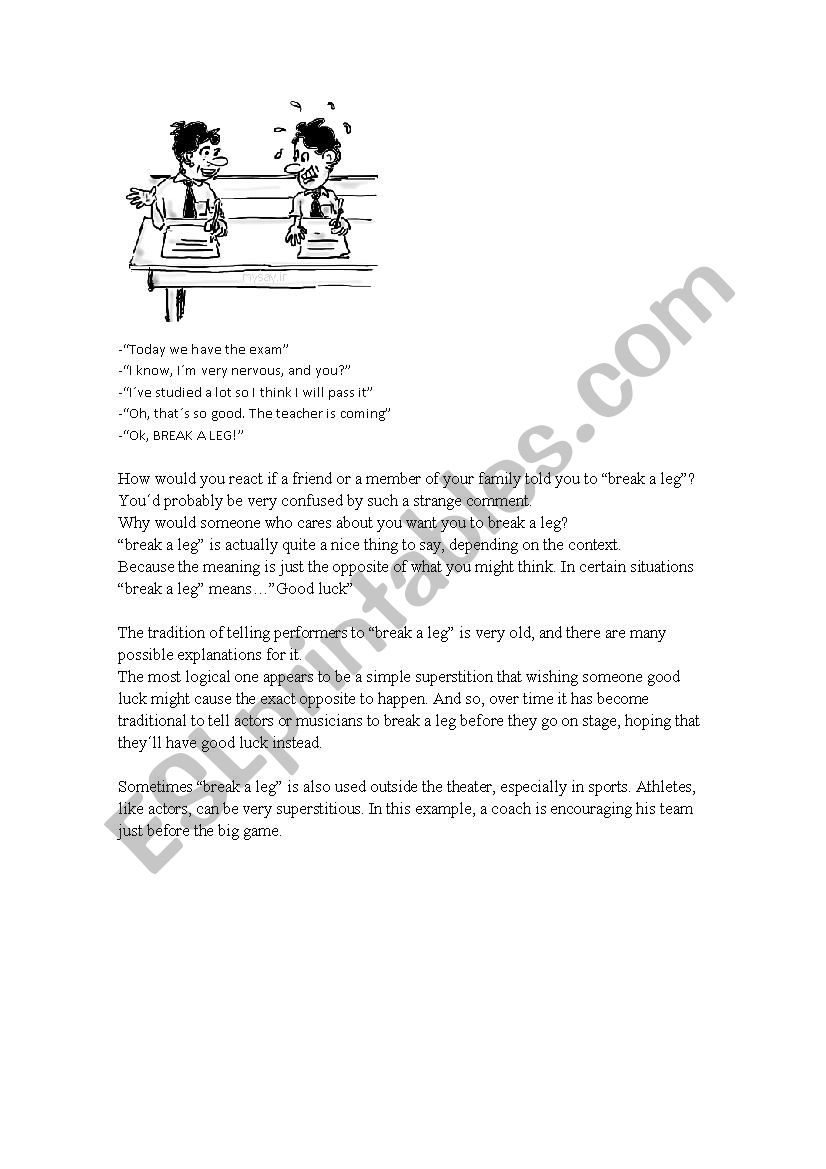 BREAK A LEG - idiom worksheet