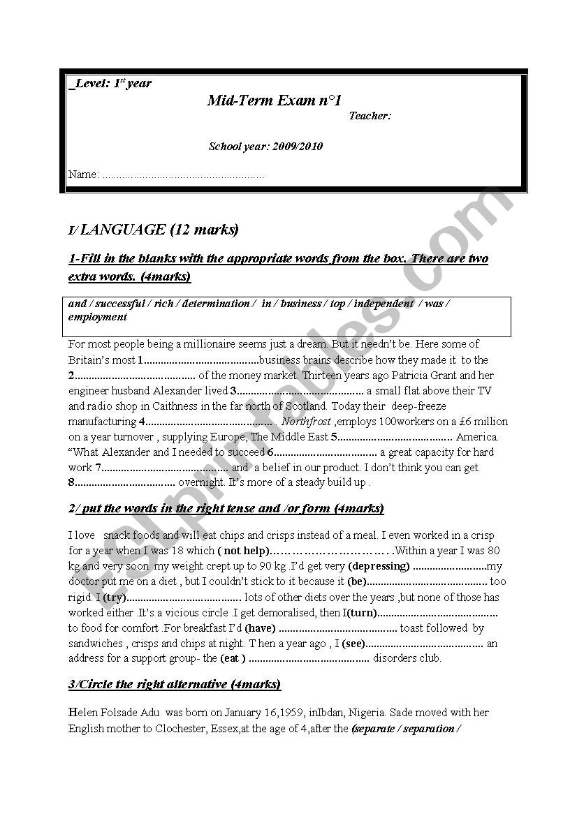  mid term test (1) worksheet