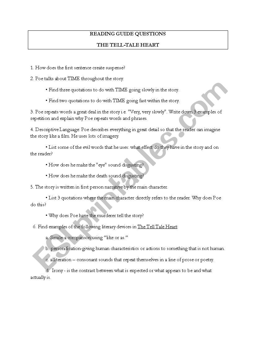 Worksheet The Tell Tale Heart, Edgar Allan Poe