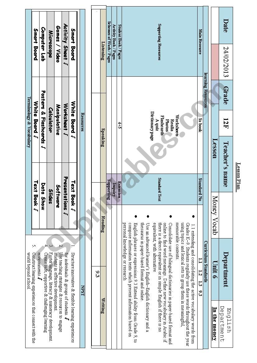 money vocab worksheet