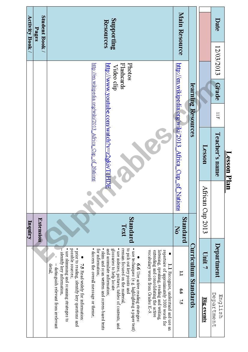African cup 2013 worksheet