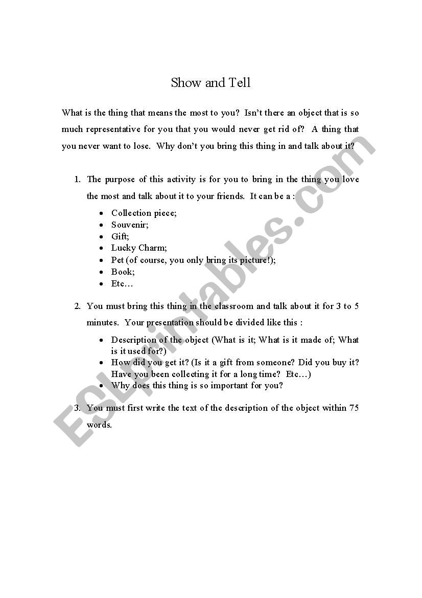 Show and Tell worksheet
